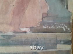 Peinture ancienne femme terrasse belle époque élégante Victor Creten art nouveau