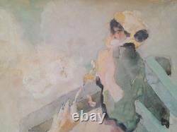 Peinture ancienne femme terrasse belle époque élégante Victor Creten art nouveau