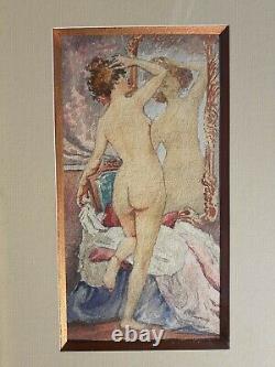 Peinture femme nue miroir art nouveau chambre 1900 aquarelle