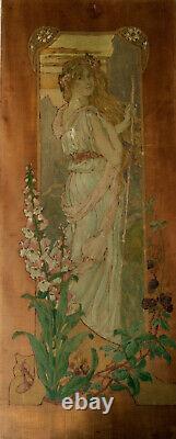 Peinture sur bois Art nouveau Femme entourée de fleurs