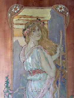 Peinture sur bois Art nouveau Femme entourée de fleurs