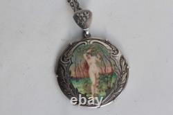 Pendentif Médaillon argent émaillé Femme nue Art Nouveau Bijoux (62695)