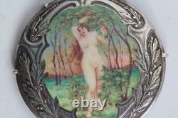 Pendentif Médaillon argent émaillé Femme nue Art Nouveau Bijoux (62695)