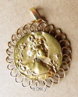 Pendentif en OR massif + diamant bijou Art Nouveau femme vers 1900 signé