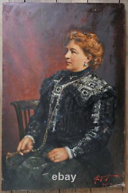 Portrait De Femme tableau 1900 Belle époque Art Nouveau peinture huile / toile