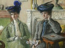 ROBERT dessin pastel tableau art 1900 scène d'intérieur femmes lecture salon