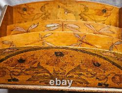 Range courrier / lettres 1900 bois gravé & nacre Femme Fleur Libellule dlg Mucha
