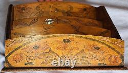 Range courrier / lettres 1900 bois gravé & nacre Femme Fleur Libellule dlg Mucha