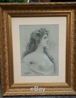 Rare Dessin Signé Abel Boyé Femme V. 1880 Art Nouveau Qualité Musée Encadré