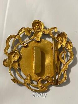 Rare Grande Boucle de ceinture laiton profil femme dans pavot, Irys, Art Nouveau