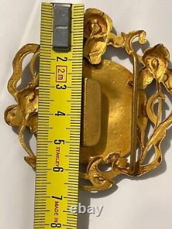 Rare Grande Boucle de ceinture laiton profil femme dans pavot, Irys, Art Nouveau