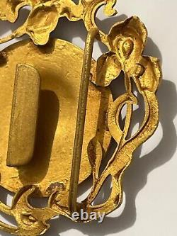 Rare Grande Boucle de ceinture laiton profil femme dans pavot, Irys, Art Nouveau