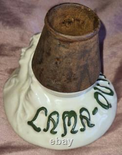 Rare Pyrogène Art Nouveau quinquina LAMA QUINA Femme DLG MUCHA céramique & bois