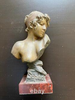 Rare sculpture Art Nouveau signée Emmanuel VILLANIS buste jeune femme Sapho