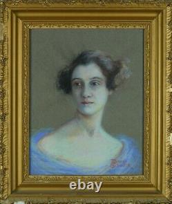 Rare tableau ancien pastel art nouveau portrait de jeune femme à la robe bleu