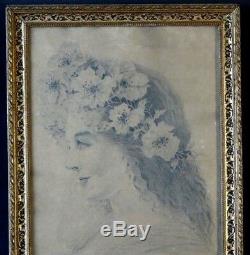 Ravissant dessin portrait femme Art nouveau signé woman painting jugendstil 1906