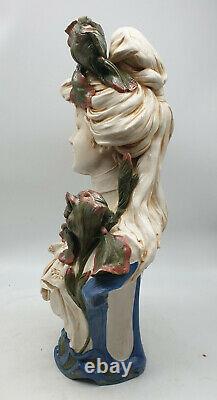 Royal Dux Buste De Femme Polychrome Aux Iris 1900 Art Nouveau