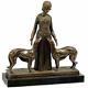 Statue En Bronze 33cm Femme Avec Levriers Sculpture Style Art Nouveau Deco