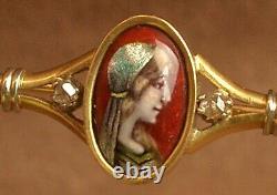 SUPERBE BROCHE ANCIENNE ART NOUVEAU en OR 18K & EMAIL DE LIMOGES DECOR DE FEMME