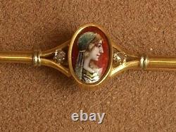 SUPERBE BROCHE ANCIENNE ART NOUVEAU en OR 18K & EMAIL DE LIMOGES DECOR DE FEMME
