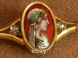 SUPERBE BROCHE ANCIENNE ART NOUVEAU en OR 18K & EMAIL DE LIMOGES DECOR DE FEMME