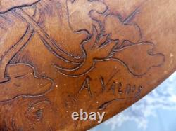 Sculpture Bois bas Relief Art Nouveau Femme aux fleurs 39,5cm signé A Valois