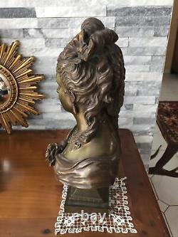 Sculpture, Bronze, buste femme, Art nouveau, Haut 35 Cm Attribué À AIZELIN E