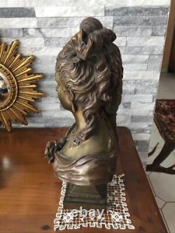 Sculpture, Bronze, buste femme, Art nouveau, Haut 35 Cm Attribué À AIZELIN E