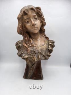 Sculpture buste en plâtre polychrome jeune femme signé Antonio Carli Art Nouveau