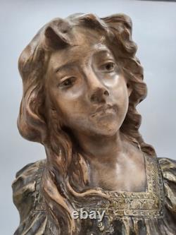 Sculpture buste en plâtre polychrome jeune femme signé Antonio Carli Art Nouveau