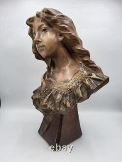 Sculpture buste en plâtre polychrome jeune femme signé Antonio Carli Art Nouveau