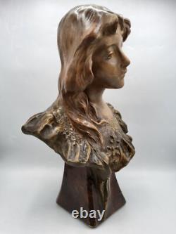 Sculpture buste en plâtre polychrome jeune femme signé Antonio Carli Art Nouveau