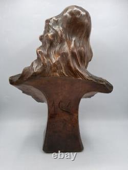 Sculpture buste en plâtre polychrome jeune femme signé Antonio Carli Art Nouveau