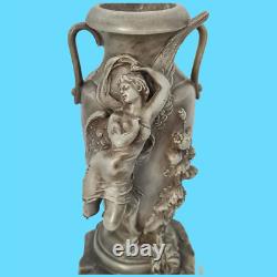 Sculpture statue vase en étain art nouveau femme ailée socle marbre antiquité