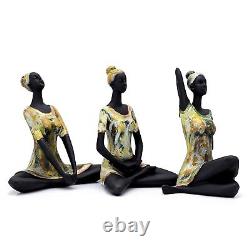 Set De 3 Différent Noir & Doré Yoga Position Femme Statue Poly Résine Figurine