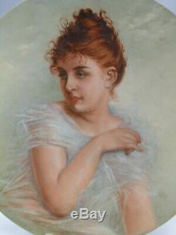 Splendide Grand Plat En Terre Cuite 1900 Peint A La Main Portrait De Femme 1900