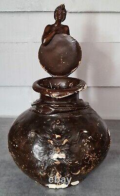 Statue Sculpture Art nouveau femme nue pot jarre terre cuite vase E. Villanis