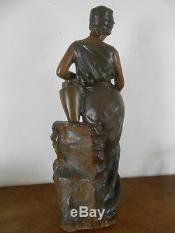 Statue Terre Cuite Et Platre Polychrome Art Nouveau 1900 Femme A La Cruche Deco