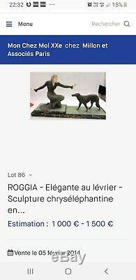 Statue regule chryséléphantine art nouveau Femme Elegante au levrier ROGGIA