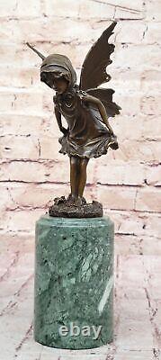 Style Art Nouveau Bronze Fairy Femme Statue Sur Marbre Bass, Sculpture