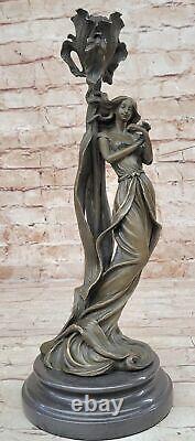 Style Art Nouveau Véritable Bronze Femme Bougeoir Sculpture Signé Par Figurine