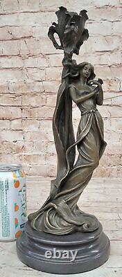 Style Art Nouveau Véritable Bronze Femme Bougeoir Sculpture Signé Par Figurine