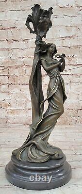 Style Art Nouveau Véritable Bronze Femme Bougeoir Sculpture Signé Par Figurine