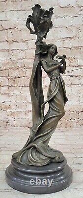Style Art Nouveau Véritable Bronze Femme Bougeoir Sculpture Signé Par Milo
