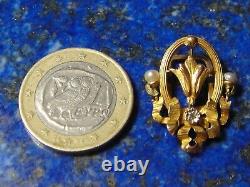 Superbe Boucle à ruban ancienne Art Nouveau Or Gold 18k 750 Diamant Perles 2,21g