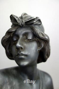 Superbe Et Grand Buste D'une Jeune Femme Étain Signé De Ranieri Art Nouveau 1900