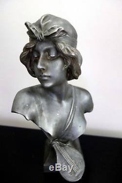 Superbe Et Grand Buste D'une Jeune Femme Étain Signé De Ranieri Art Nouveau 1900