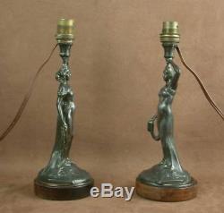 Superbe Paire De Lampes En Metal Epoque Art Nouveau Femmes Hortensia