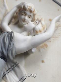 Superbe Plaque murale Biscuit porcelaine Jeune femme & Ange Art Nouveau 1900 N°1