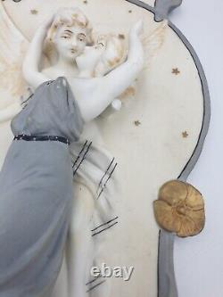 Superbe Plaque murale Biscuit porcelaine Jeune femme & Ange Art Nouveau 1900 N°1